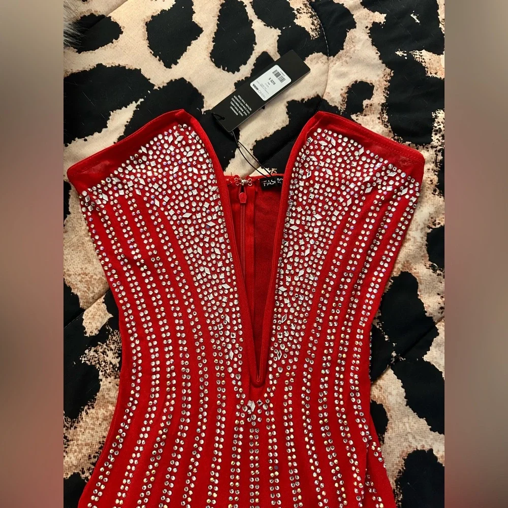 Red Beaded Fringe Party Dress - Picture 2 of 4